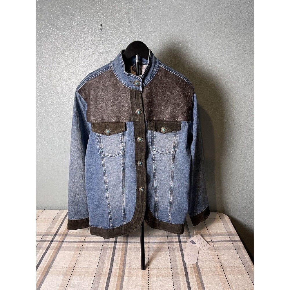 DG2 by Diane Gilman Womens Denim Suede Trim Embellished Jean Jacket Turquoise 1X